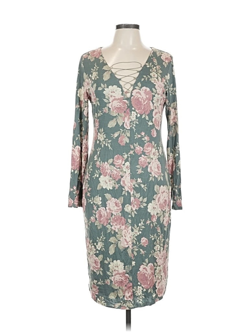 BOLD elements Dusty Green Floral V-Neck Long Sleeve Midi Dress